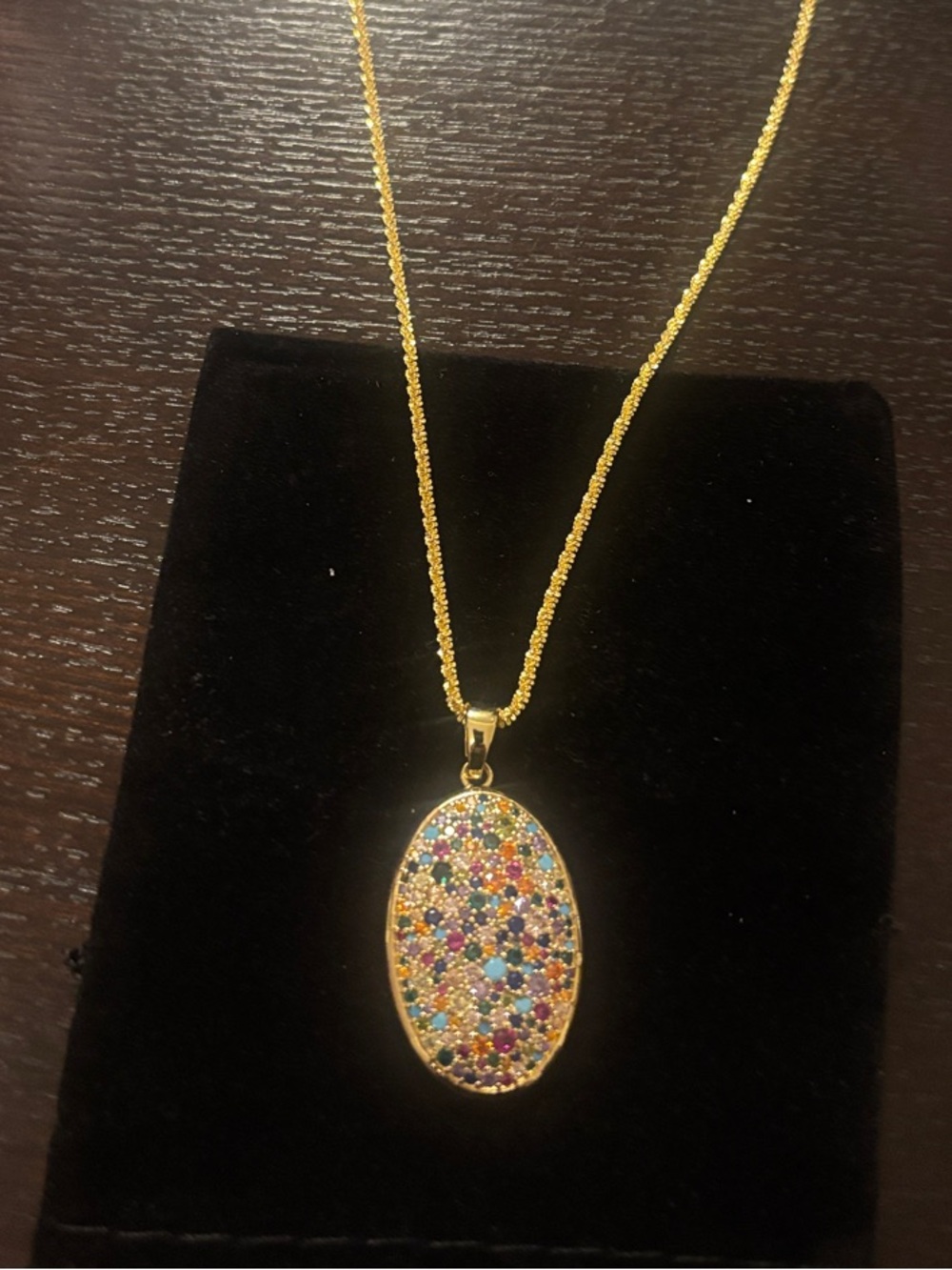 Multicolor Crystal Oval Pendant Necklace on gold filled sparking chain